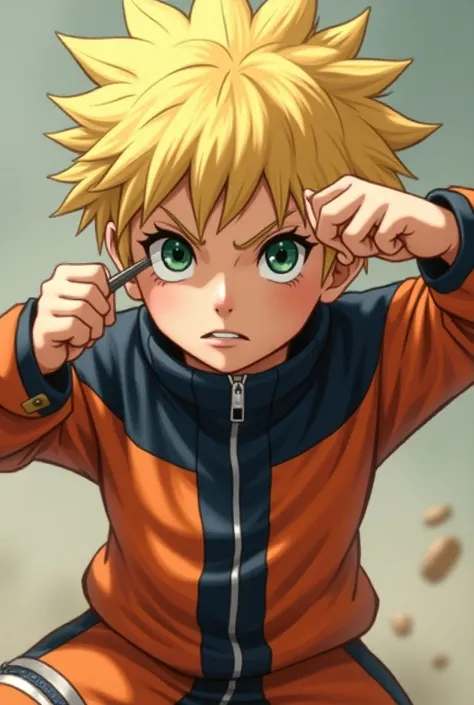   blond boy cuts short hair with dark green eyes. With Naruto costume . Making capoeira. Written s