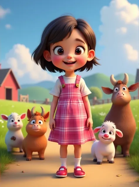   a cute happy girl with short hair , wearing a plaid pink dress , Background on a farm with several happy animals next to it, barnet, Tom, Pixar style, ..3d, cartoons, Detailed face, asymmetric 16k