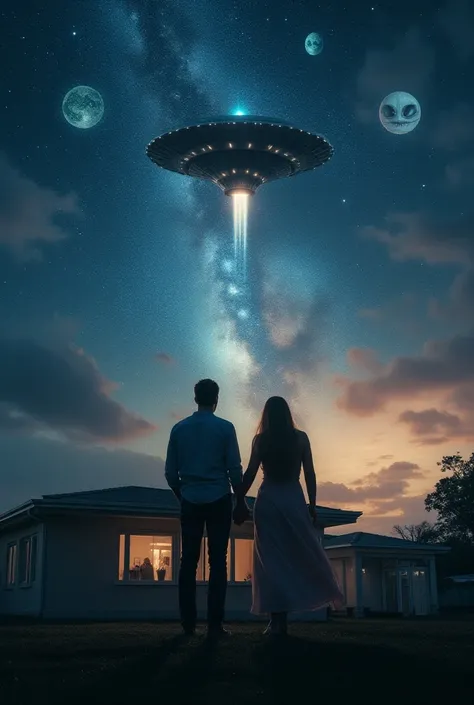  Man and woman on top of the chic top house looking at the bright sky full of stars ,  planets visible far away there is a Mordena alien ship passing the camera catching people from the rear looking at extraterrestrial intervention ETS incredible space shi...