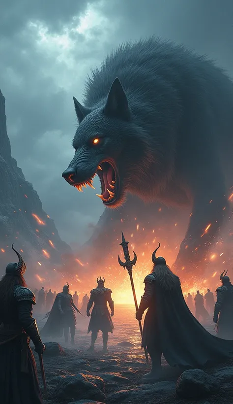  Make me a scene from Celtic Ragnarock with fenrir, Loki, Living death weapon and the Aesir  (Odin, Thor,etc...)