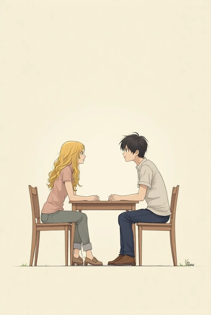 a young woman with golden hair and a young man with black hair sitting at different tables in a library looking at each other minimalist drawing 
