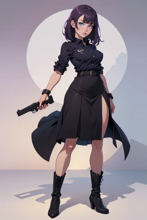 (perfect, masterpiece), 1 girl, very detailed, neutral facial expression, figure, full body view, medium breasts, medium hair with bangs, dark purple hair, blue eyes, looking at viewer, black uniform shirt, black skirt, black boots, holding pistol, standin...