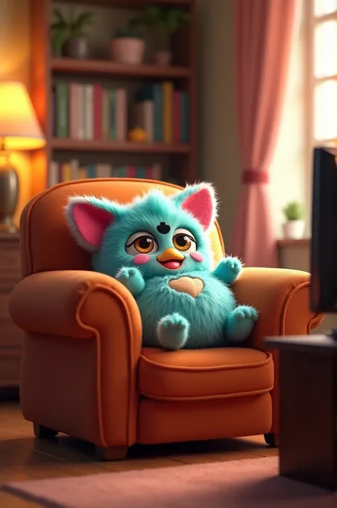 Furby Frazadita watches television in an armchair