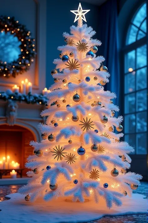 A white Christmas tree with gold and blue accessories and with RGB lights