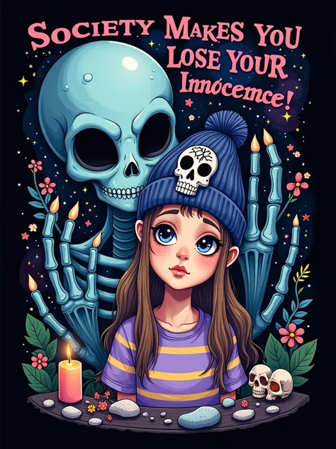 Full shot of a graphic design, likely for a t-shirt. 


A young girl with long, light brown hair wearing a dark bluish-purple beanie with a skull graphic is centrally featured.  She has large, expressive, wide-set eyes and a soft, slightly melancholic expr...