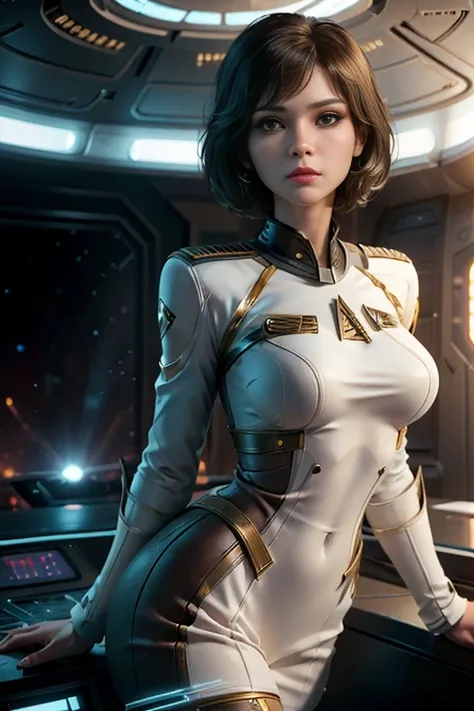 female crew member of the star trek starship enterprise,  short hair , brown eyes, confident, firm stance,  safe expression,  ma...