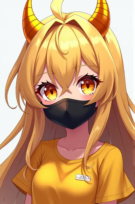 chica estilo anime,long blond hair with golden horns , big eyes, with orange lenses and a black mask yellow shirt 