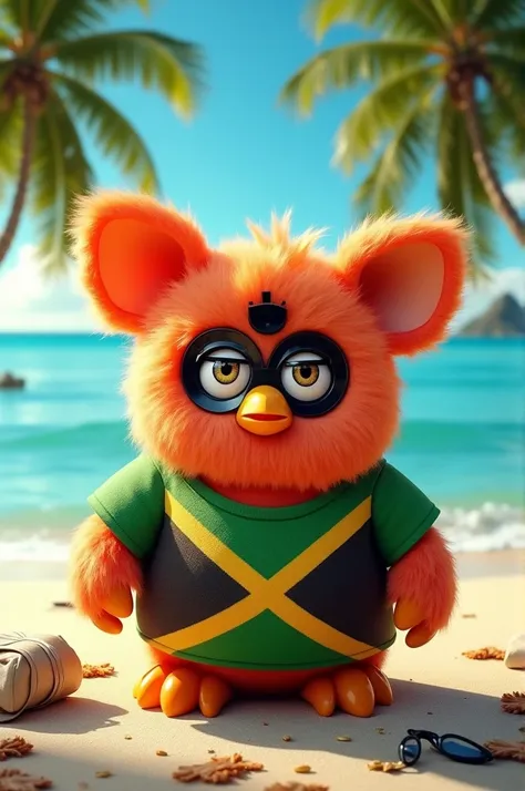 Furby drug dealer 
On the beach wearing a jamaican t-shirt