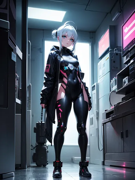 1girl, cyberpunk, Sci-fi, cyber implants, petite body, white hair, gray eyes, plugsuit