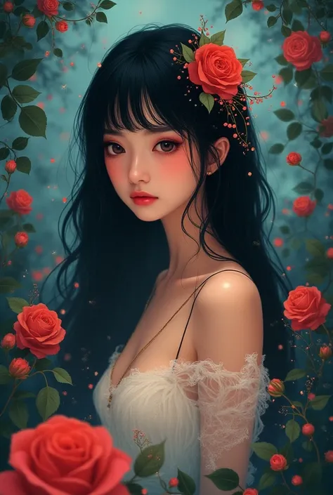 refined details,  atmosfera surreal ,  ethereal beauty,   vibrant colors   ,   soft lighting, Fantasy theme , mystical presence,  delicate foliage   ,   a beautiful red rose,   intricate patterns  , dreamlike quality, captivating gaze,  flat illustration, ...