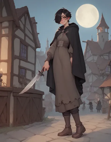 1boy, femboy, crossdresser, thief, wearing medieval clothes, dark cloak, playful smile, large knife, skar over eye, short dark hair, dirty clothing, medieval town at night, moon in back, smile, 
