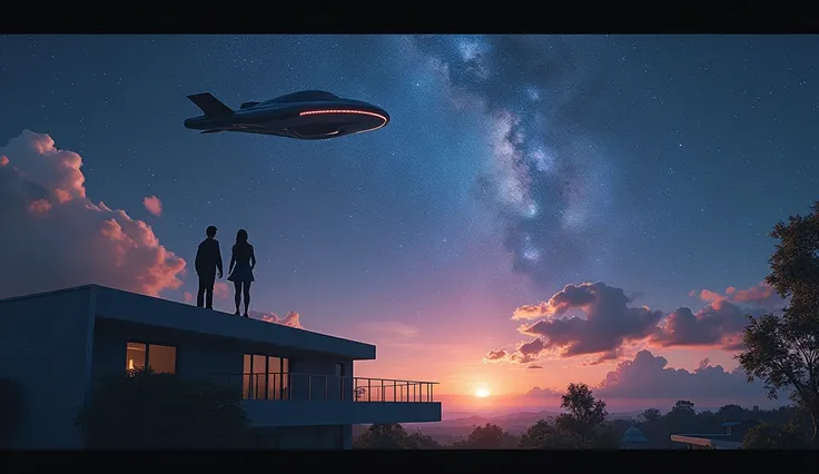  Man and woman on top of the chic top house looking at the bright sky full of stars ,  planets visible far away there is a Mordena alien ship passing the camera catching people from the rear looking at extraterrestrial intervention ETS incredible space shi...