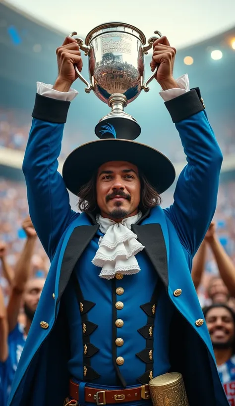 The incredibly muscular and powerful Grêmio Musketeer stands tall, his immense strength evident in every aspect of his physique. With rippling muscles and a youthful yet fierce energy, he raises a massive silver trophy high above his head in victorious cel...