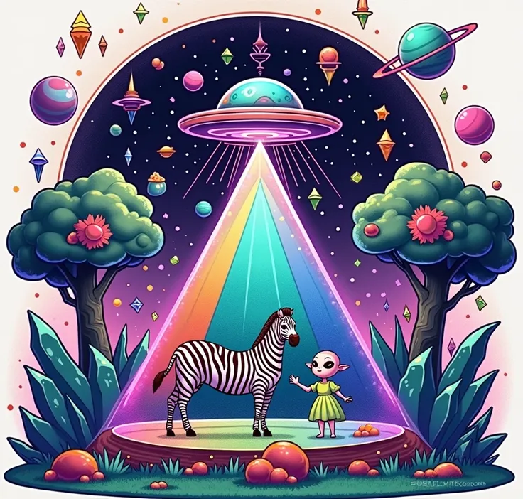  The image shows a bright and fantastic scene .  In the center is a transparent pyramid , which depicts a zebra and a little alien inside,  holding hands .  The pyramid shimmers with all the colors of the rainbow .  A flying saucer floats above the pyramid...