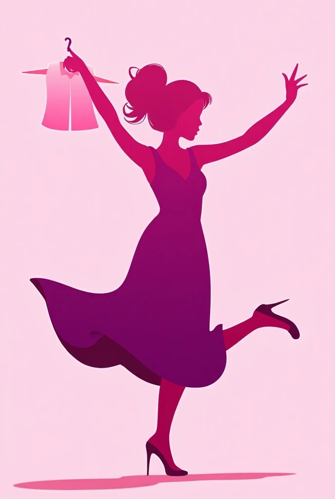 Silhouette of cheerful dancing teenager with pink outline wearing dress holding a long purple dress with a clothes hook in her hands