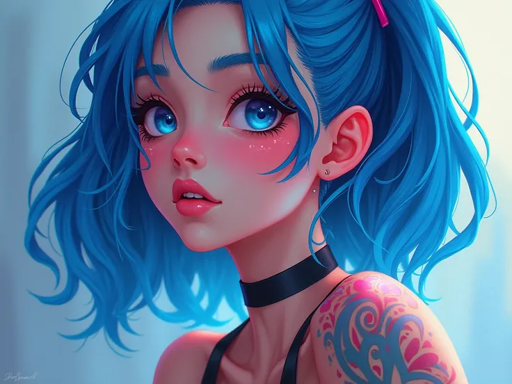 a close up of a person with blue hair and tattoos, portrait of jinx from arcane, arcane jinx, jinx from arcane, jinx from league of legends, rossdraws cartoon vibrant, inspired by rossdraws, epic digital art illustration, fantastic artstyle, cyberpunk art ...