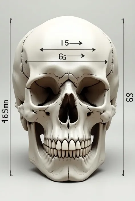 front image of a skull with its measurements , okay but the larger measurements that I dont see them  ,  and the view only the front part  ,  add the other measurements if I specify I will do a 3d model and I need quite a few measurements, Like the teeth  ...