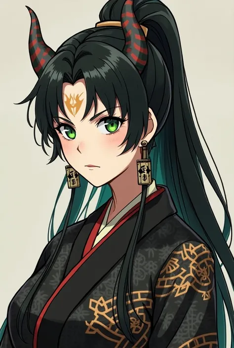 Daki was a tall and curvaceous woman with lime green eyes with a dark orange center, long eyelashes, and very pale skin. Her initially black hair was styled in a full, long ponytail with kanzashi hairpins (three on each side) holding up the ponytail. The k...