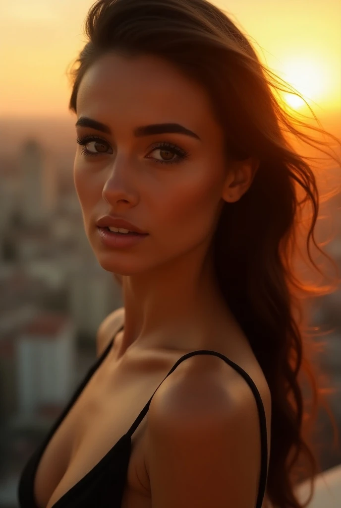 a high-contrast, cinematic photograph of a stunning model girl with flawless skin, luscious lips, and piercing brown eyes, posing elegantly against a blurred, warm-toned cityscape background at sunset, with a shallow depth of field, emphasizing her radiant...