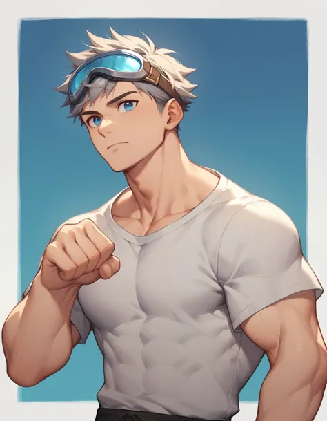 Masterpiece, Solo, boy, , Blue Eyes, Gray Medium Hair, Medium Muscular Body, Cool Pose, Handsome, Good Looking, Casual Shirt, Goggles, Warm, Comfortable.