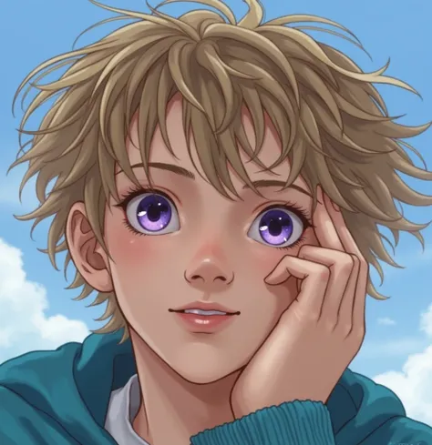 A YOUNG BLOND HETEROCHROMATIC EYES  ( ONE IS LIGHT PURPLE AND THE OTHER EYE IS BLACK)