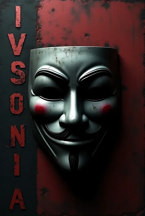 A shadowy mask, reminiscent of the V for Vendetta symbol, occupies the center of the image. It has a worn texture, as if it had been used and left in several intense situations. The metal of the mask appears marked by time, with fine scratches and visible ...