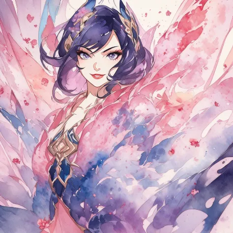 create images of Ahri, champion of league of legends, in her spiritual flourish skin. The image should highlight an expressive and dynamic face, with abstract elements in the background and painting with watercolor techniques. The images must contain cherr...