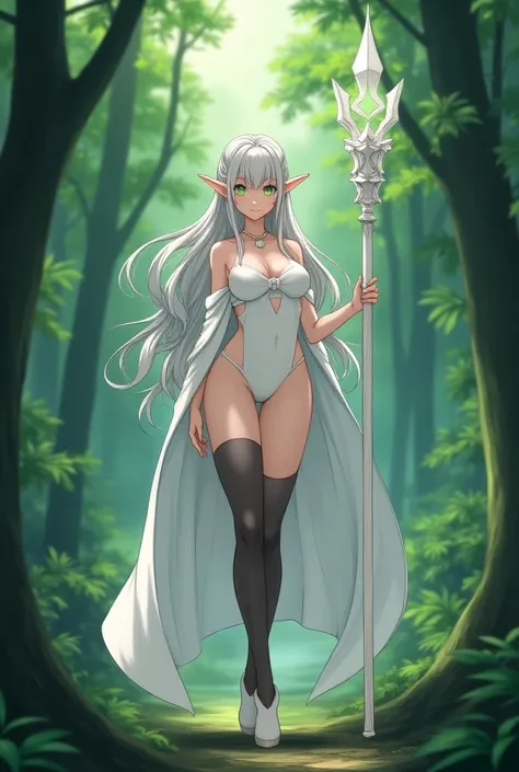  Anime style, elf woman, with 1,65 tall, pale skin,  green-eyed, elf ears,  long silver hair , huge ass, Holding a sorceresss staff,  white sorceress hat, white swimsuit,capa branca,  wearing black tights ,  white shoes , forest background.