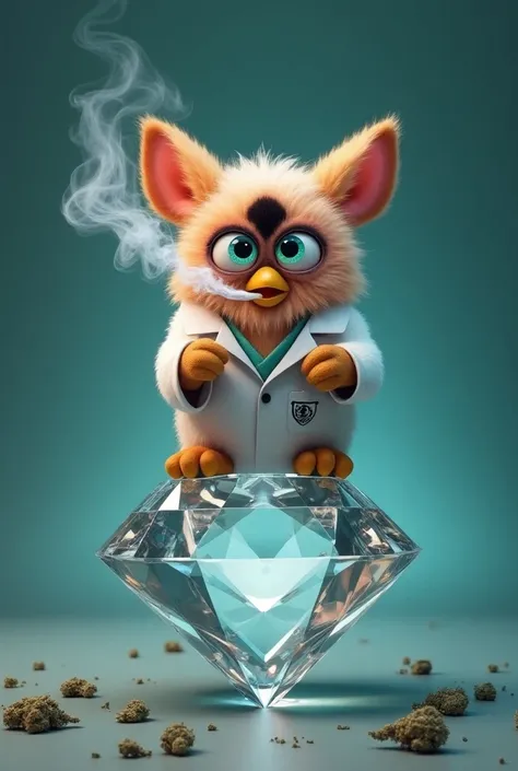 Furby on top of a diamond smoking weed with a shrinks t-shirt