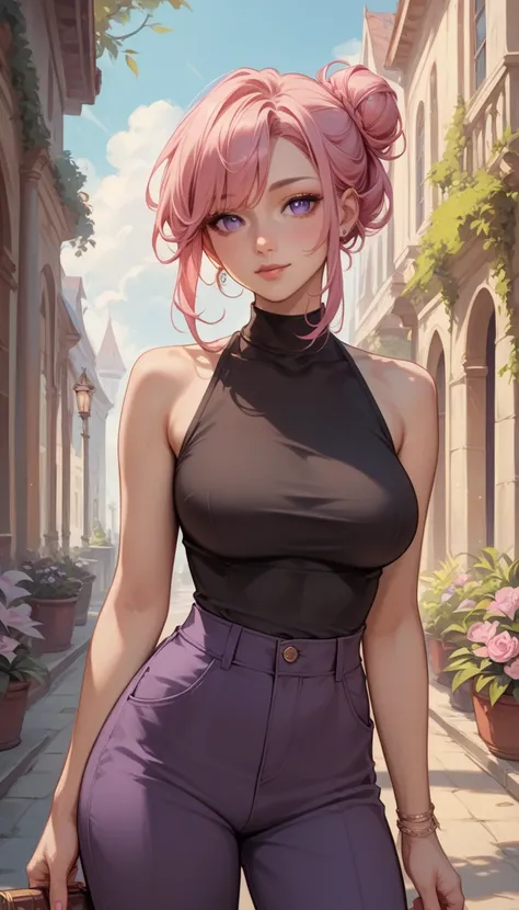 Izayoi Seishin artstyle, (score_9, score_8_up, score_7_up), (best quality, masterpiece),perfect anatomy,(aesthetic,very aesthetic),official style, (ultra-high resolution), 1girl, pastel pink hair in a single bun, big breasts, black sleeveless shirt, purple...