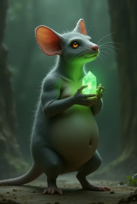 Sexy and beautiful Skaven furry rat with big boobs , She is naked with a green crystal in her hands and has a gray coat and is of human height and has a muscular body