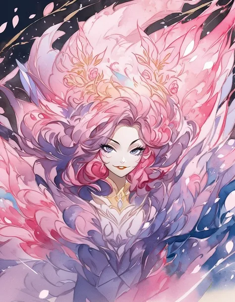 create images of Ahri, champion of league of legends, in her spiritual flourish skin. The image should highlight an expressive and dynamic face, with abstract elements in the background and painting with watercolor techniques. The images must contain cherr...