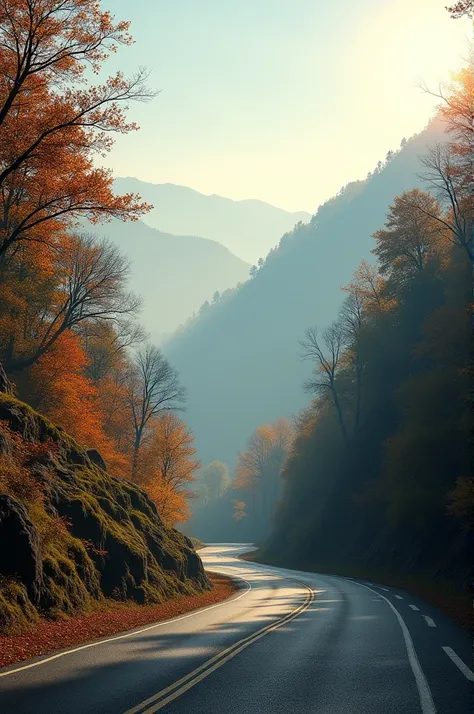 Autumn morning · Dawn · Single road in the mountains · Light shines through 々 trees · Inspiring landscape photos · light fog · high quality photos · UHD ·