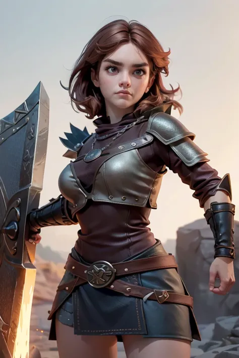 young viking woman , warrior, short brown hair, thick eyebrows, brown eyes, brown leather armor,  strappy leather top , fur skir...