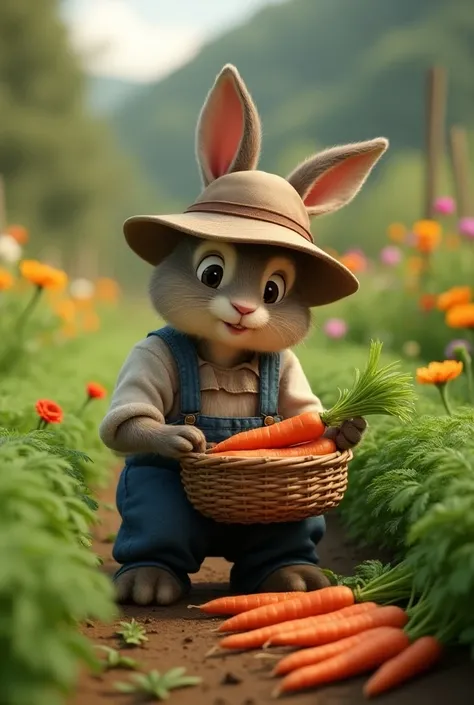 A rabbit daddy in a garden picking carrots in a garden and putting them in his basket 