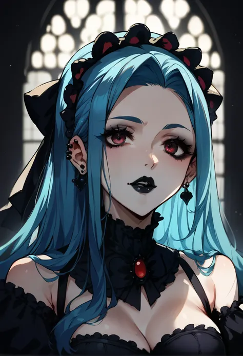 Vivi Nefertari, gothic lolita cosplay, blue hair, piercings, black lipstick, stoic, spooky mansion, beautiful lighting and shadows,