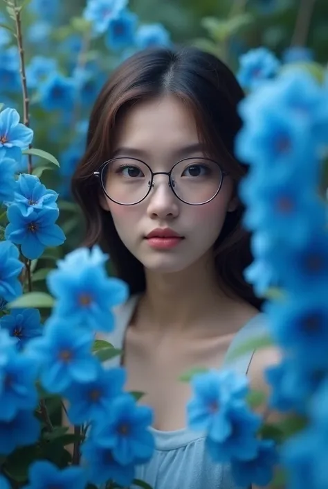 (photorealism:1.2), beautiful woman, with glasses and a little bit dark brown , everywhere is blue flowers 