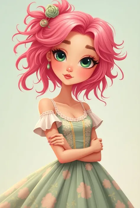 A 25-year-old pink-haired light-haired girl with green eyes in a cartoon 
With pink patricinha style dress 