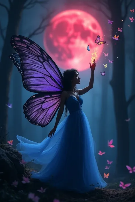 A beautiful Fairy in a sky blue dress ,  her purple and navy blue butterfly wings with a trail of black flames ,  raising her hand to the sky where there is an immense blood-red moon ,  in a dark and gloomy forest around her many butterflies fly with multi...