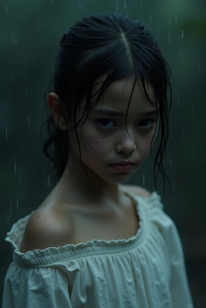  Best image quality ,  Masterpieces ,  ultra high resolution , (Loyalty :1.4), photo, 1 girl,[( sadness )],, white shirt, , darkมัว, dark, Hopeless, Pity , น่าPity , Cinema,tear,teardrop,(Torn clothes:1.5), ( wet clothes :1.4),  bare shoulders , actual rai...