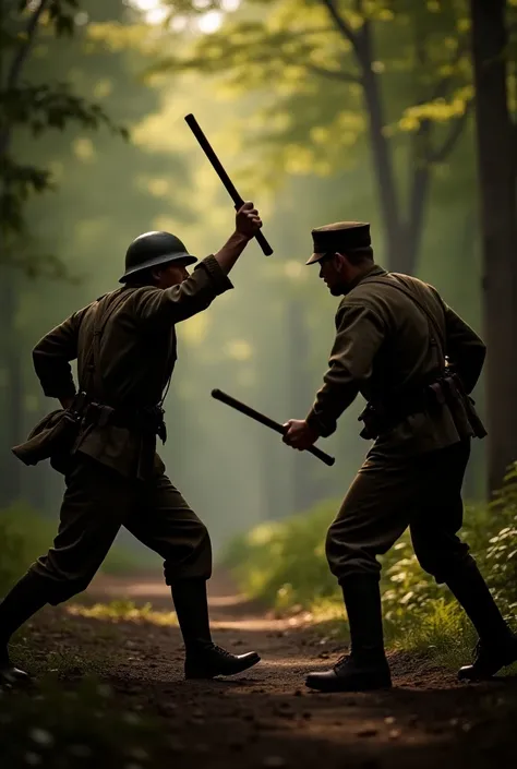  I want a cell phone wallpaper of an American soldier attacking a German soldier during the first world war, both armed with pointed clubs,in a wooded environment .