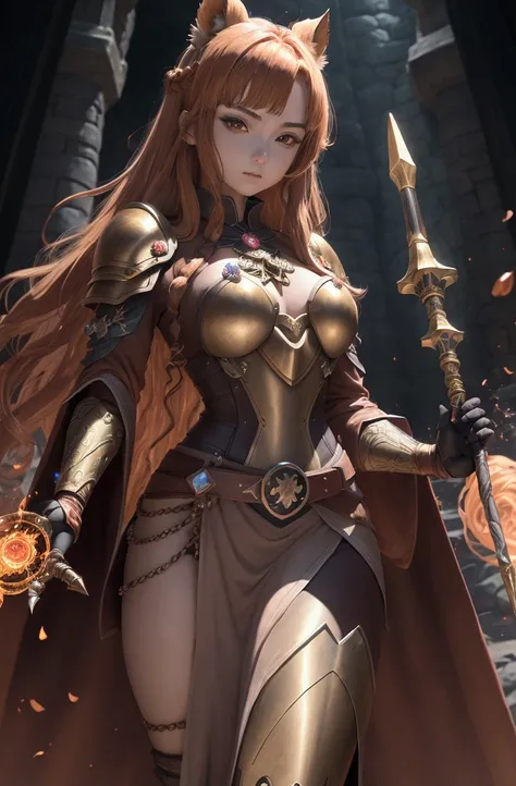 anime, 25 y woman, mid length chesnut hair, wearing a brown magician robe with stone and earth symbols, a bronze metal plate armor on the robe, an ocher glowing stone on the armor, metal belt, ((wear claw-like bladed glove in left hand)), magical staff in ...