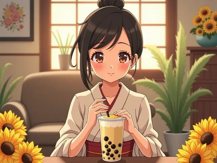  Animated Style ,  Japanese woman approximately 25 years old ,  sitting in a nice room drinking bubble tea, yellow flowers around , the woman is happy