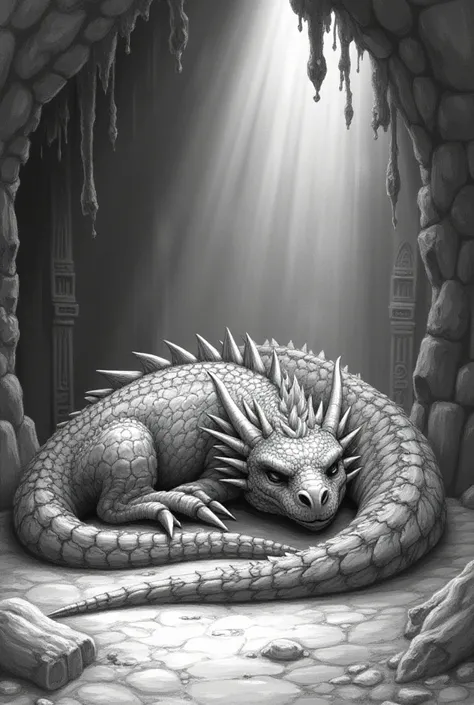 Anime-style pencil drawing of a dragon sleeping in a cave 