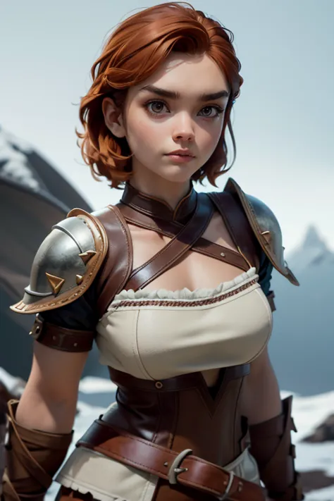 young viking woman , warrior, short brown hair, thick eyebrows, brown eyes, brown leather armor,  strappy leather top , fur skir...