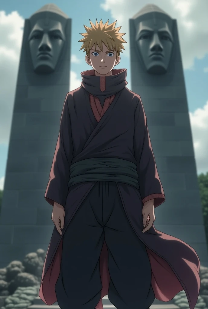  monuments You have Naruto looking serious and wearing more ninja style clothes with the eyes of Rinnegan, standing at the Hokague  