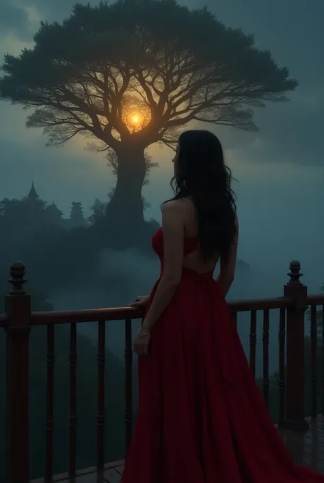 A beautiful, curvy, dark brown hair woman wearing a blood red long dress standing in her balcony, looking at a large Pagoda tree in a dark night, cloudy sky, but a light shines only above the large tree and no moon light