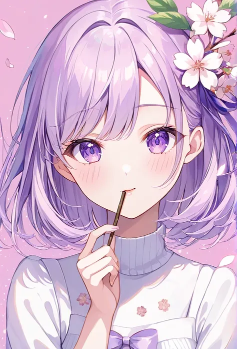 ((pastel))、 Pocky,The background is sweets, cowboy shot,  one woman, female close-up, Katyusha,ribbon,Wink, Shes wearing a white knit dress,Mauve Hair,Inward curls, purple eyes,I have a cherry blossom mark , Hi-Res,  glitter effect, Best Quality, 