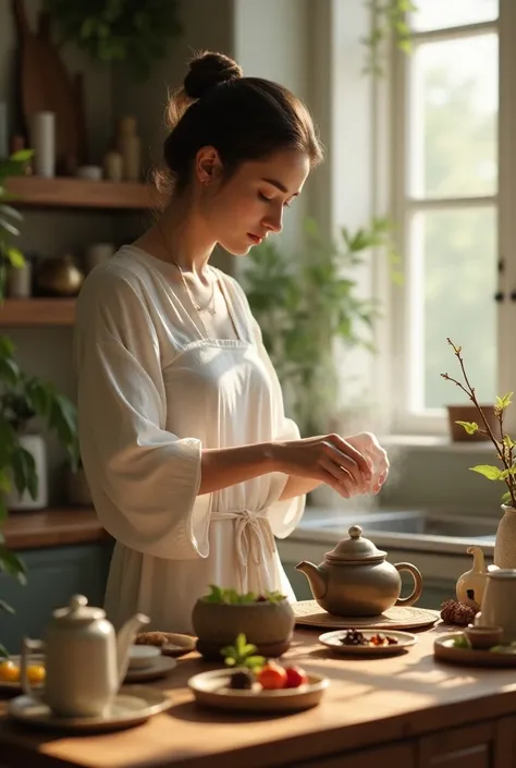 Herbal tea with KELP  , STAR ANISE cherry extract and a young woman preparing it