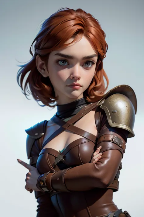 young viking woman , warrior, short brown hair, thick eyebrows, brown eyes, brown leather armor,  strappy leather top , fur skir...